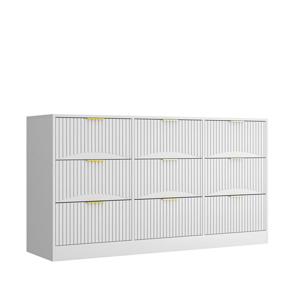 YINGYUE White 9 Drawer Dresser, 63" Wavy Panel Wooden Chest of Drawers, Particle Board Storage Cabinet for Bedroom Living Room Hallway