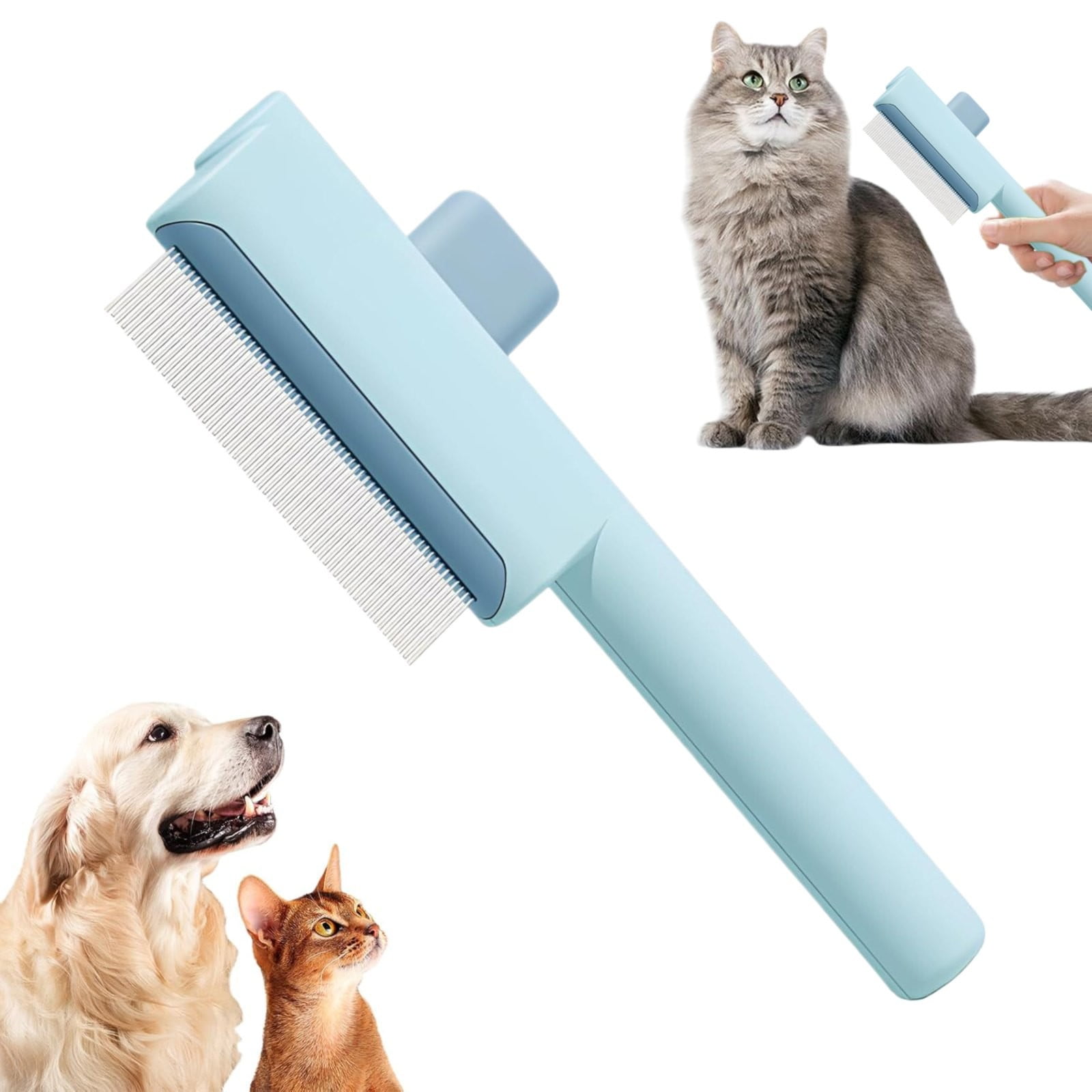 Zen Brush For Cats & Dogs - Self-Cleaning Flea Comb & Dematting Tool With Stainless Steel Teeth (Blue/Pink)