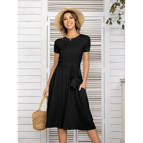 YININF Women's Black Casual Dress Pleated Loose Flowy Midi High Waist with Hidden Pocket Belted Dress