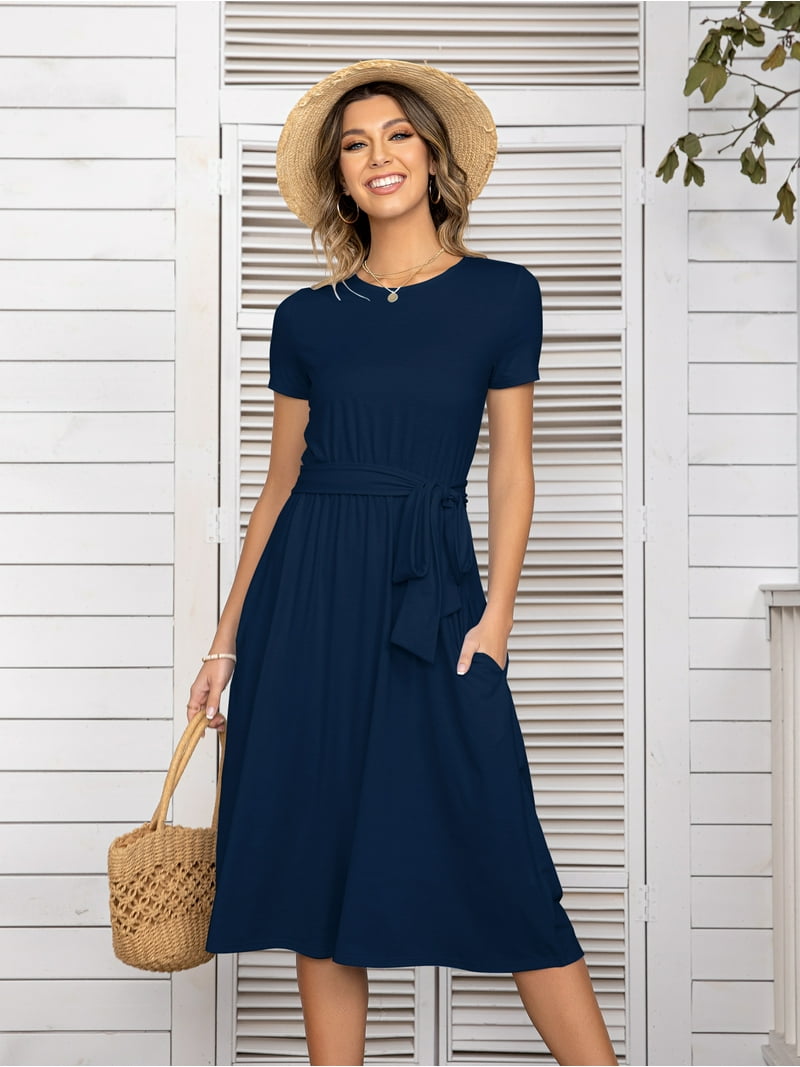 YININF Women's Navy Blue Casual Dress Pleated Loose Flowy Midi