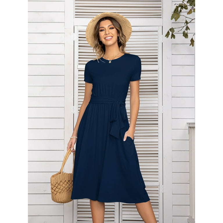 YININF Women s Navy Blue Casual Dress Pleated Loose Flowy Midi High Waist with Hidden Pocket Belted Dresses blue