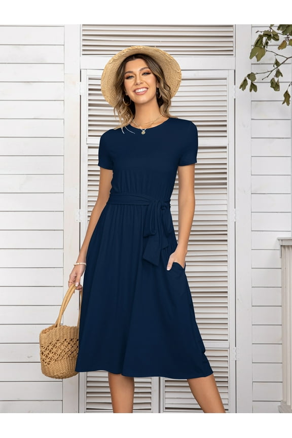 Women's Navy Blue Casual Dress Pleated Loose Flowy Midi High Waist with Hidden Pocket Belted Dresses,blue
