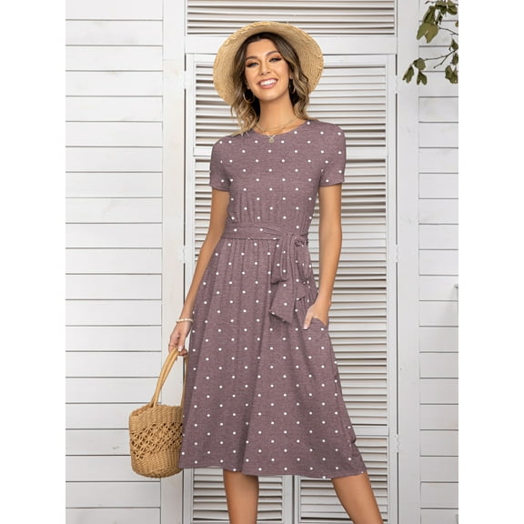 YININF Women's Polka Dot Casual Dress Pleated Loose Flowy Midi High Waist with Hidden Pocket Belted Dress,red