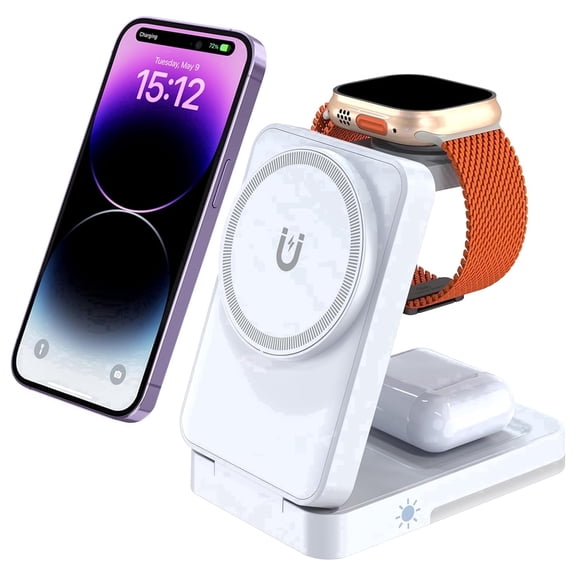YINIUTECHNO 3-in-1 Travel Magnetic Charging Station for Iphone 17-12 Pro Max Plus Mini/Apple Watch/Airpods, Foldable Portable Wireless Charger Stand with Night Light-White