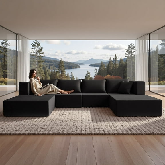 YINIX 140"Corduroy Sectional Sofa for Living Room, Comfy Cloud Couch with Movable Ottomans, Black