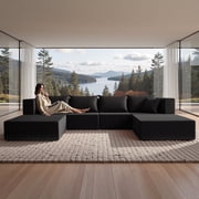 YINIX 140"Corduroy Sectional Sofa for Living Room, Comfy Cloud Couch with Movable Ottomans, Black