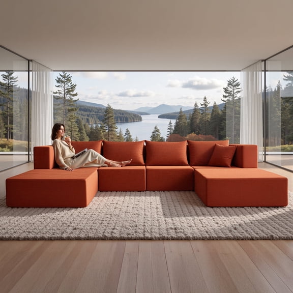 YINIX 140"Corduroy Sectional Sofa for Living Room, Comfy Cloud Couch with Movable Ottomans, Orange