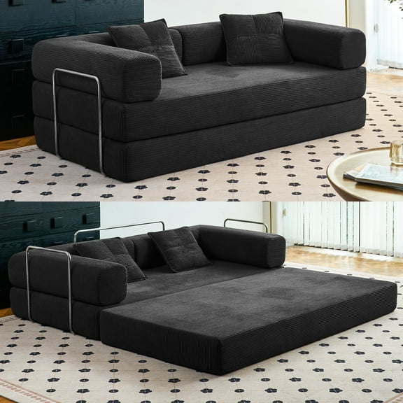 YINIX 81.6" Convertible Sofa Bed with 2 Pillows, Removable Floor Sofa Couch for Living Room Small Spaces,Black