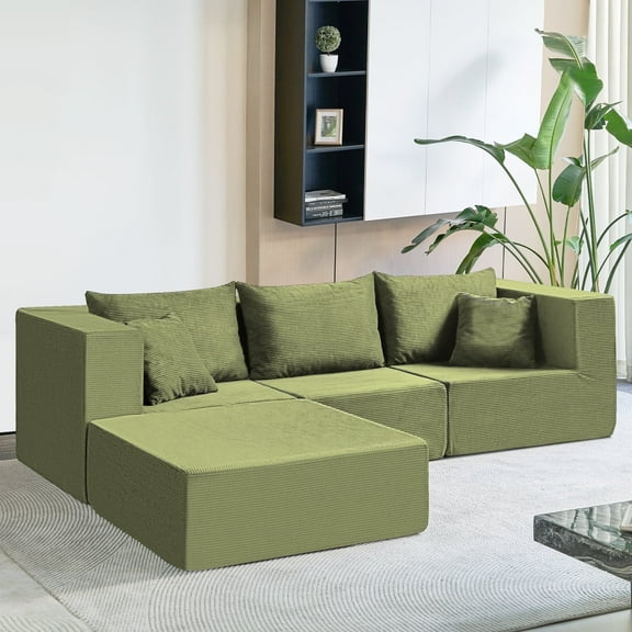 YINIX 110" Corduroy Sectional Sofa with Movable Ottomans, U-Shaped Sofa Couch for Living Room, Green