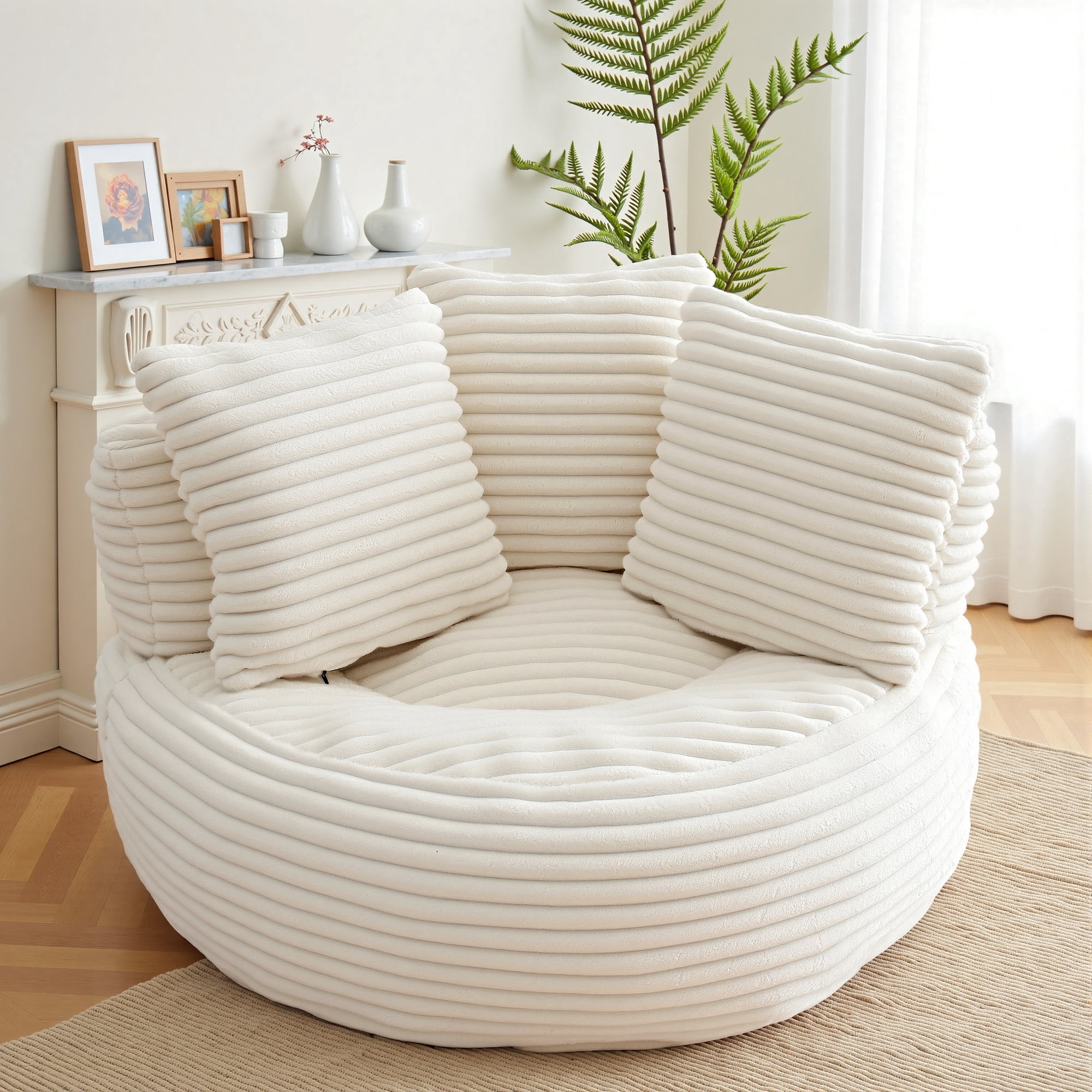 YINIX Oversized Bean Bag Chair with Backrest and Cushion, Cozy Round Floor Sofa for Living Room, Beige