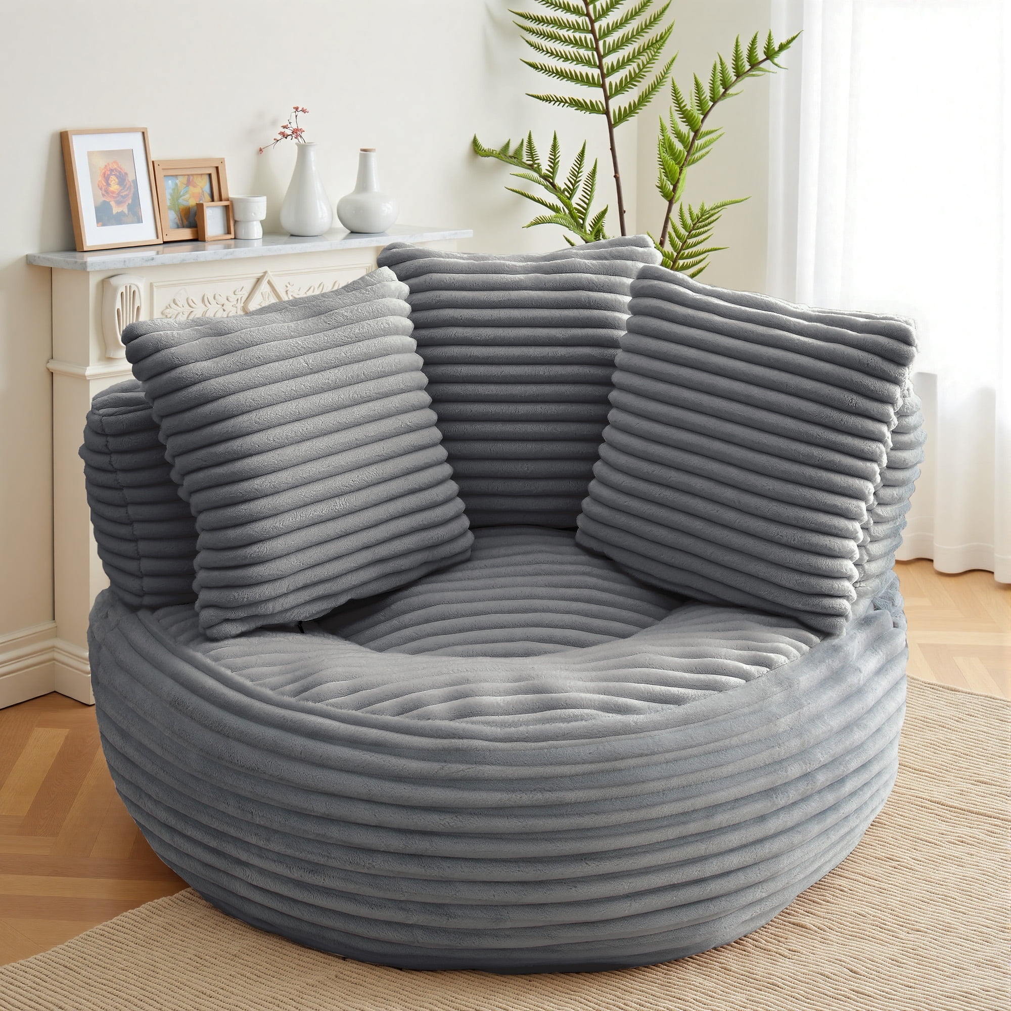 YINIX Oversized Bean Bag Chair with Backrest and Cushion, Cozy Round Floor Sofa for Living Room, Gray