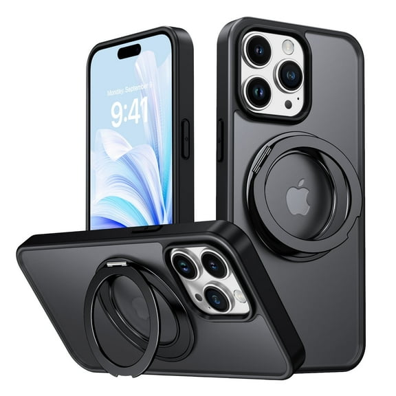 YINLAI 360 ° Rotatable Magnetic Ring Holder for iPhone 15 Pro Max Case Mag-safe Translucent Matte Protective Kickstand Phone Case for iPhone 15 Pro Max , Black