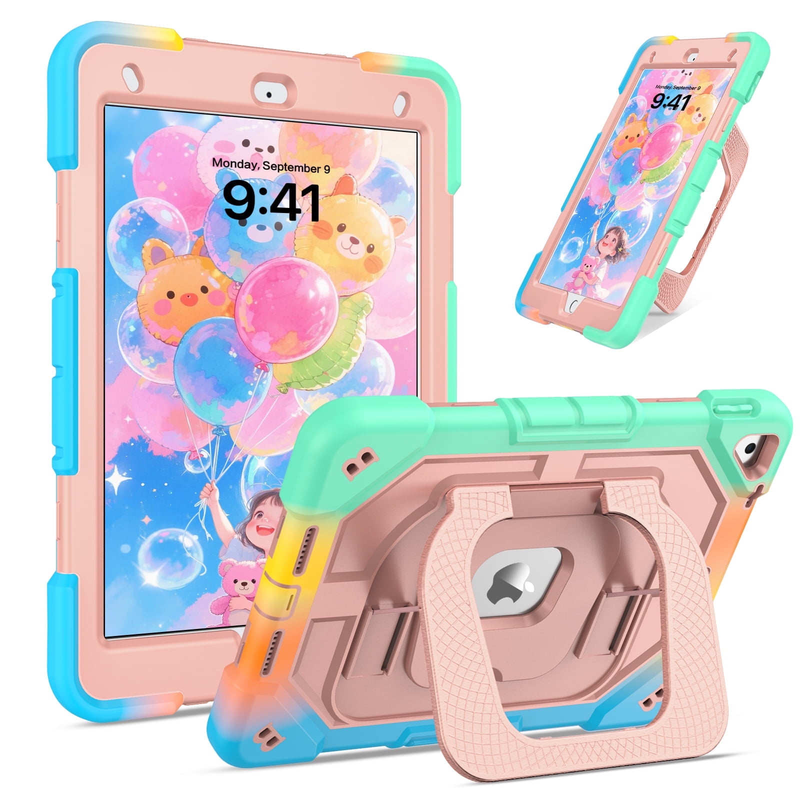 YINLAI iPad 9th Gen Case with Pencil Holder & Kickstand,Compatible with iPad 10.2 Case,Hybrid Shockproof Protective Case for iPad 9/8/7 Gen（2021/2018/2017）,Multicolor+Pink