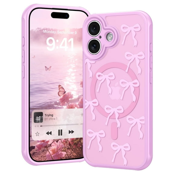 YINLAI Translucent Magnetic iPhone 17 Case Mag-safe , Matte Ribbon Bowknot Pattern Print Design Girly Cute iPhone 17 Case 6.3",Pink