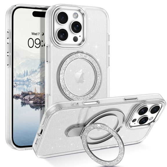 YINLAI Glitter Transparent iPhone 16 Pro Max Case Mag-safe with Stand, Slim Back Shockproof Protective Cover with Bling Kickstand for iPhone 16 Pro Max, Clear