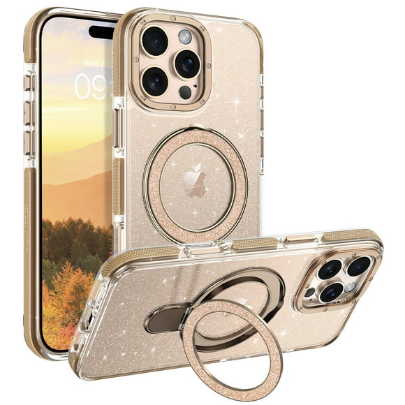 YINLAI Glitter Translucent iPhone 16 Pro Max Case with Stand, Slim Back Shockproof Protective Cover with Bling Kickstand Case for iPhone 16 Pro Max, Desert Titanium Gold