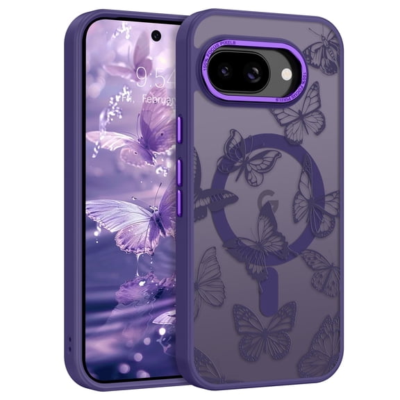 YINLAI for Google Pixel 9a Case with Butterfly Compatible with Mag-Safe 6.3" Translucent Matte Slim Protective Case for Pixel 9a Purple