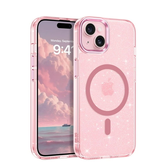 YINLAI Magnetic for iPhone 15 Case , Clear Sparkly Glitter iPhone 15 Phone Case Mag-safe Shockproof Cute Protective Cover Case for iPhone 15 6.1",Pink
