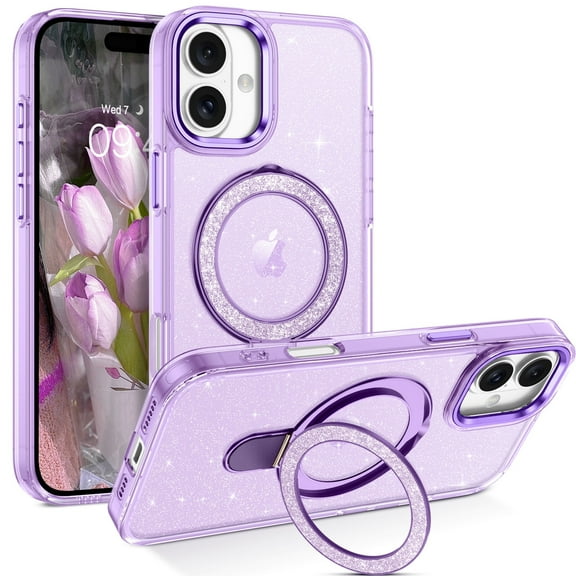 YINLAI Magnetic iPhone 16 Plus Case 6.7" with Bling Kickstand Compatible with Mag Safe, Glitter Translucent Slim Back Cute iPhone 16 Plus Case for Women Girls , Purple