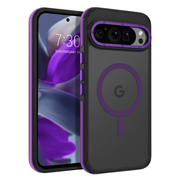 YINLAI Translucent Matte Google Pixel 9 Case and Google Pixel 9 Pro Case 2024 , Magnetic Compatible with Mag-safe Shockproof Phone Cases for Pixel 9 and Pixel 9 Pro 2024, Black/Purple