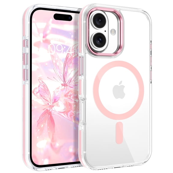 YINLAI iPhone 16 Case Compatible with Mag-safe,Anti-Yellowing Shockproof Clear Magnetic Girly iPhone 16 Case 6.1",Pink
