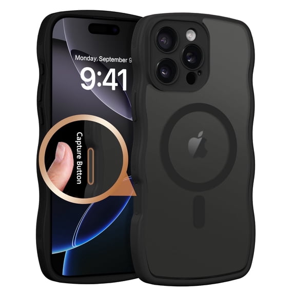 YINLAI iPhone 16 Pro Case Compatible with Mag-safe,Wave Frame Design Translucent Matte Back TPU Bumper Shockproof Women Men Magnetic Protective Phone Cases for iPhone 16 Pro 6.3",Black