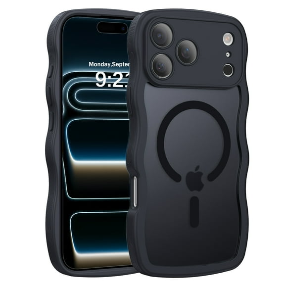 YINLAI iPhone 17 Pro Max Case Compatible with Mag-safe,Wavy Frame Hard Translucent Matte Back Shockproof Case for iPhone 17 Pro Max 6.9",Black