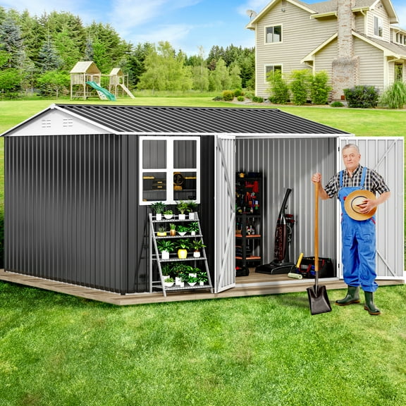 YINTATECH 10x10ft Storage Shed with Windows, Lockable Doors & Sloped Roof,Large Gray Metal Garden Shed for Patio,Backyard,Garage,and Lawn