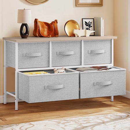 DEXTRUS 5 Drawer Fabric Storage Dresser with Sturdy Steel Frame, Wooden Top & Easy Pull for Bedroom, Living Room for Adult