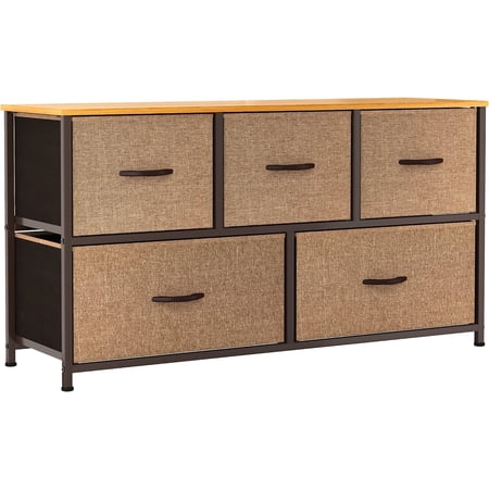 YINTATECH 5 Drawers Fabric Dresser Storage Chest, Sturdy Steel Frame, Wooden Top & Easy Pull Fabric Bins, Wide Organizer Tower Unit for Closet, Bedroom, Entryway, Hallway(Brown)