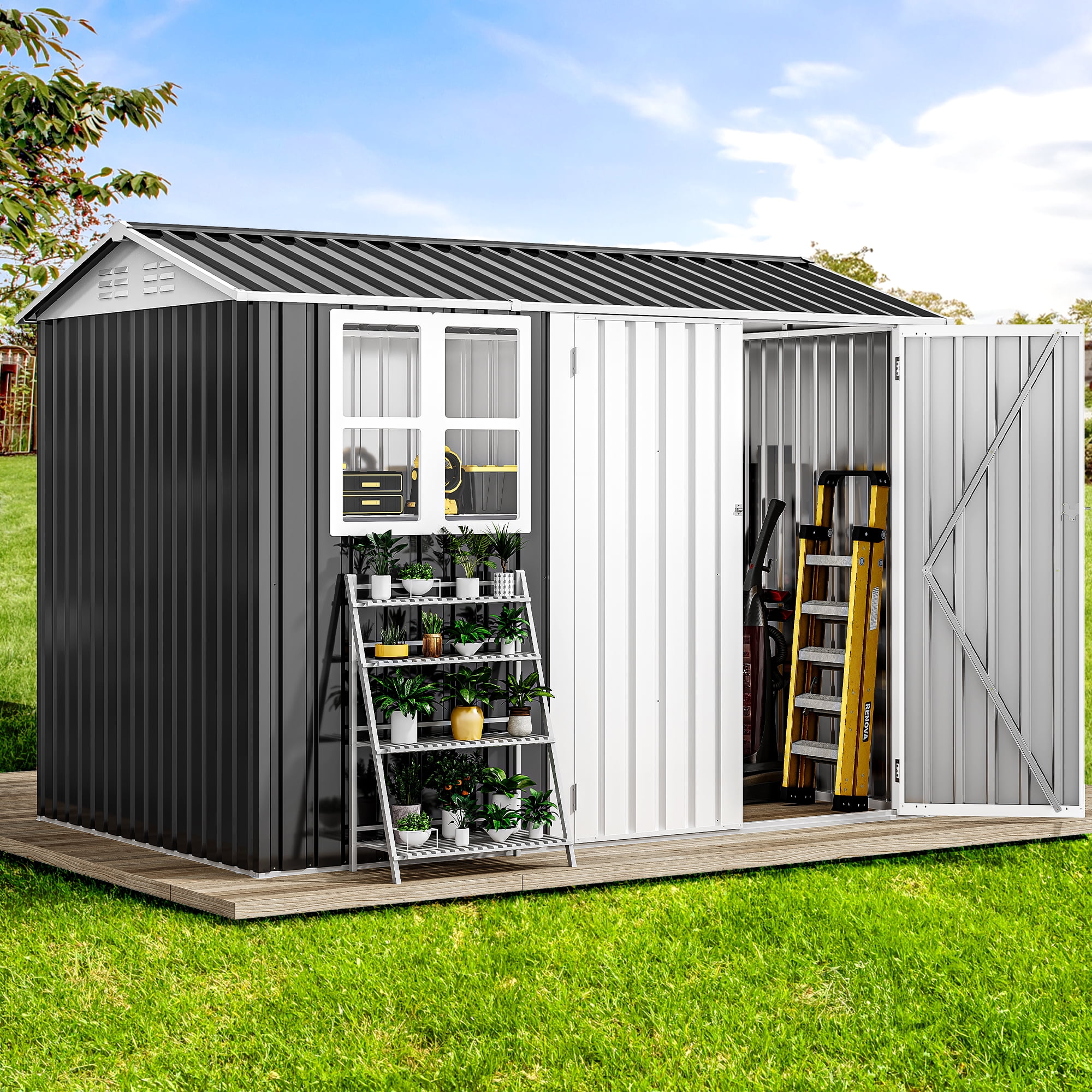 YINTATECH 8x6ft Heavy-Duty Outdoor Storage Shed with Windows & Secure ...