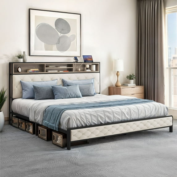 YINTATECH DWVO King Bed Frame with Built-In Charging Station, Noise-Reducing Platform Bed Frame with Upholstered Storage Headboard & Footboard, Sturdy Metal Slats, No Box Spring Required (Beige)