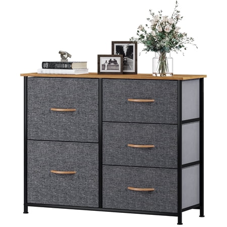 DEXTRUS 5 Drawers Fabric Storage Dresser with Sturdy Steel Frame & Easy Pull Fabric Bins for Bedroom, Living Room, Cool Grey