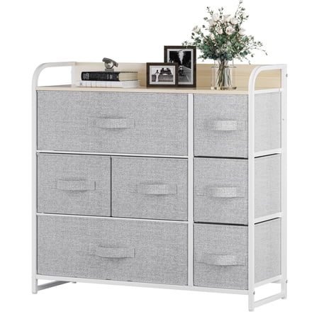 YINTATECH Fabric Storage Tower Dresser with 7 Drawers Organizer Unit For Bedroom Modern Light Gray