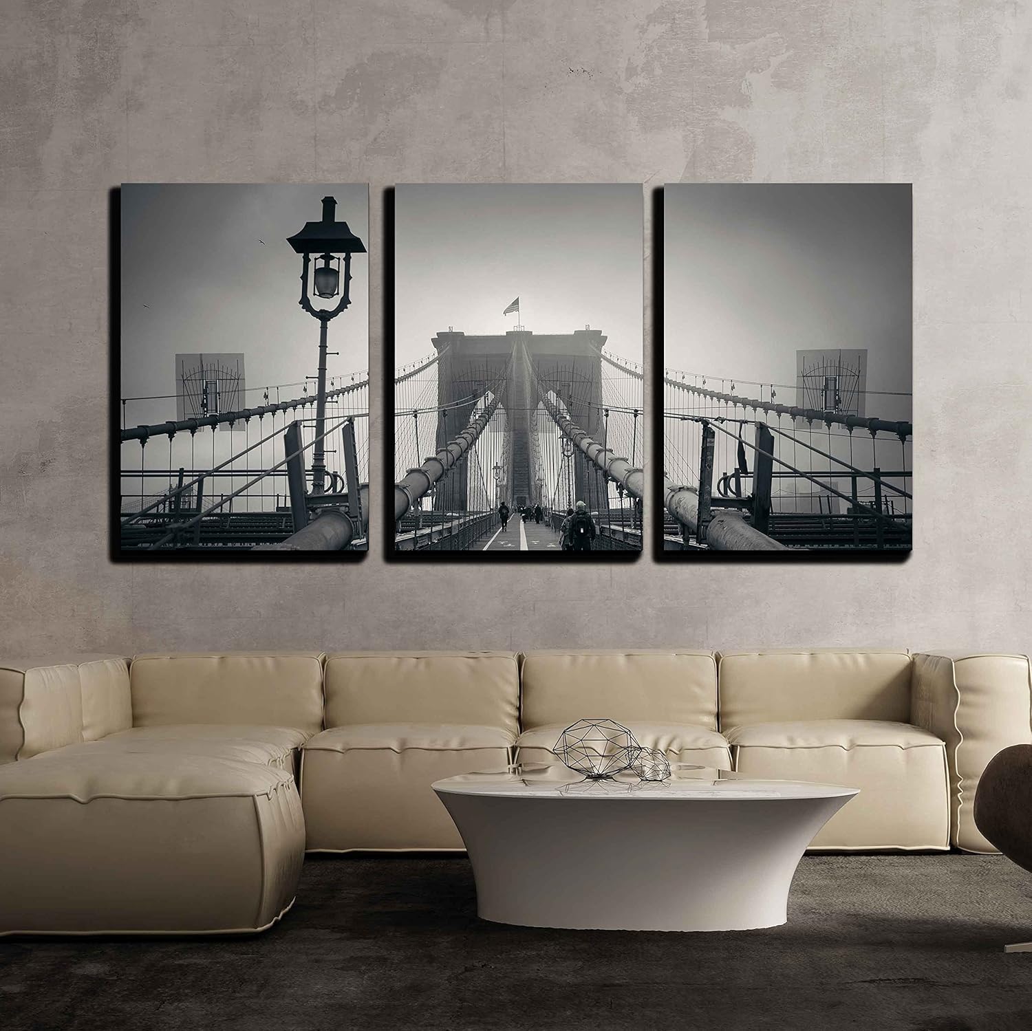 YINUO 3 Piece Canvas Wall Art Walk on Brooklyn Bridge in a Foggy