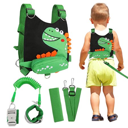YINYUE Toddler Harness Leash with Anti Lost Wrist Link, Cute Dinosaur Kids Harnesses with Wristband Bracelet Leashes Strap Tether(Black)