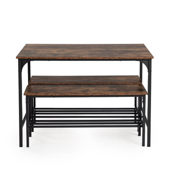 YINYUN 3-Piece Dining Set: Combination table with two benches. Space-saving dining set ideal for compact spaces. Brown.