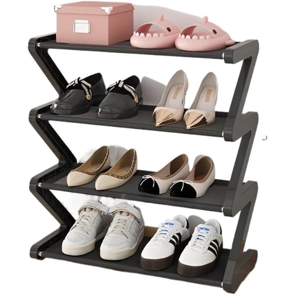 YINYUN 4-Tier Z-Shaped Shoe Rack Stackable Home Storage Rack Easy-Assembly Shoe Storage Unit Perfect for Living Rooms & Dorm Rooms (Black)