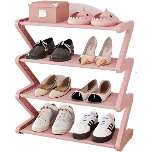 YINYUN 4-Tier Z-Shaped Shoe Rack Stackable Home Storage Rack Easy-Assembly Shoe Storage Unit Perfect for Living Rooms & Dorm Rooms (Pink)