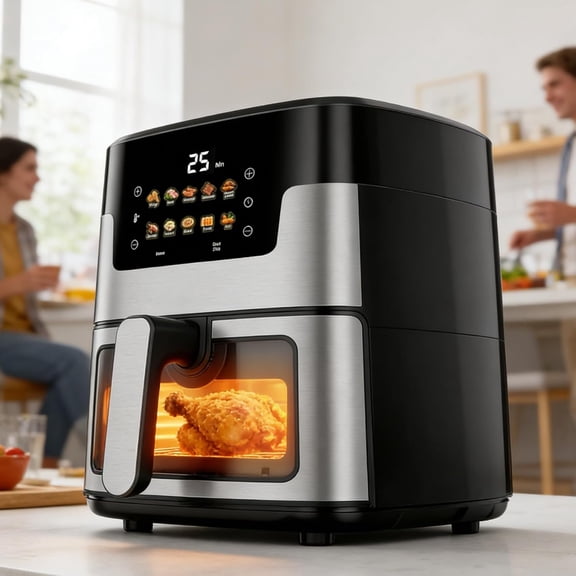 YINYUN 7.5-Liter Air Fryer, 10-in-1 Large Capacity, Oil-Free Cooking Pot with Viewing Window,Nonstick Dishwasher-Safe Basket | Stainless Steel