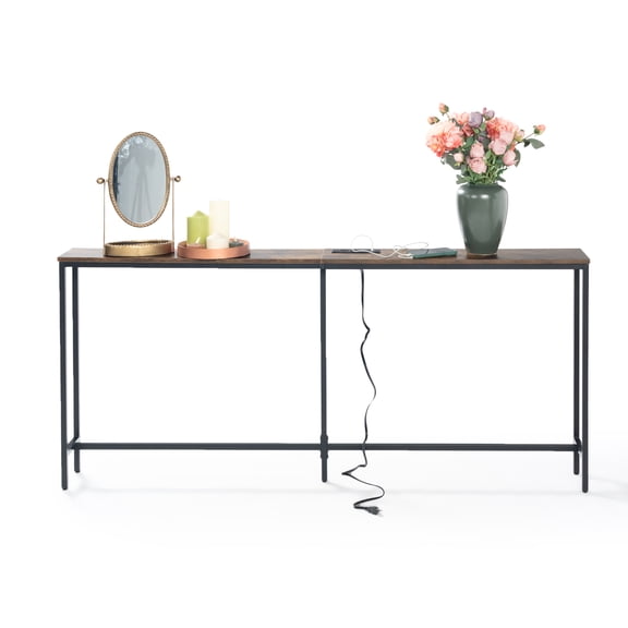 YINYUN 70-inch Side Table with Built-in Outlet, Charging Station Sofa Table, Narrow Entryway Table, Slim Corridor Table, Suitable for Living Room, Brown