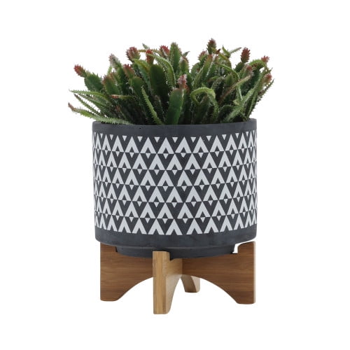 YINYUN Decorative Planter Pot on Wooden Stand Ceramic Stoneware Outdoor & Indoor Plant Pot with Gray Geometric Pattern Gray