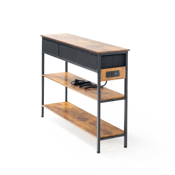 YINYUN Entrance console table with three drawers, power outlet, and USB ports. Slim sofa table with storage shelf. Suitable for living rooms and hallwaysBrown