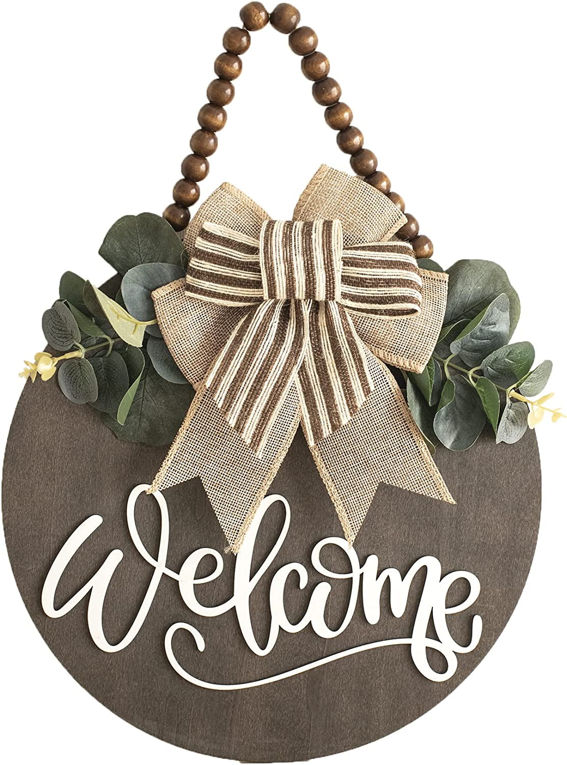 Khaki Round Wooden Welcome Sign with Bow and Greenery