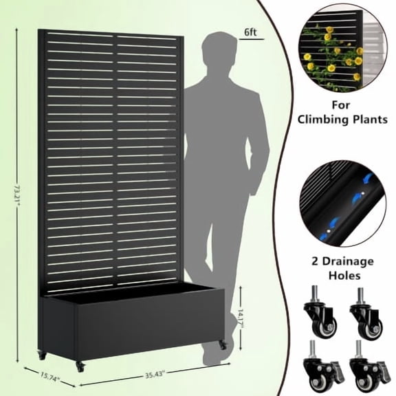 YINYUN Metal Planter Box with Trellis, 73"x35"x16 , Metal Planter Box with Drainage Holes & Lockable Wheels & Privacy Screen for Climbing Plants, Vegetables, Vines