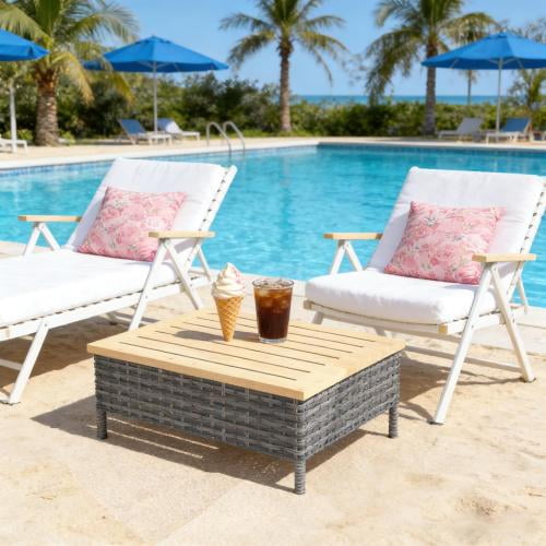 YINYUN Small Outdoor Coffee Side End Table for Outside Patio Storage, Gray All Weather Wicker with Wood Top, Rectangle