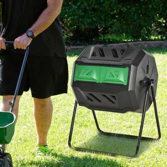 YINYUN Tumbling Compost Bin Outdoor 360 Dual Chamber Rotating Composter 43 Gallon, Rotating Compost Bin with Sliding Doors & Steel Frame for Garden/Yard