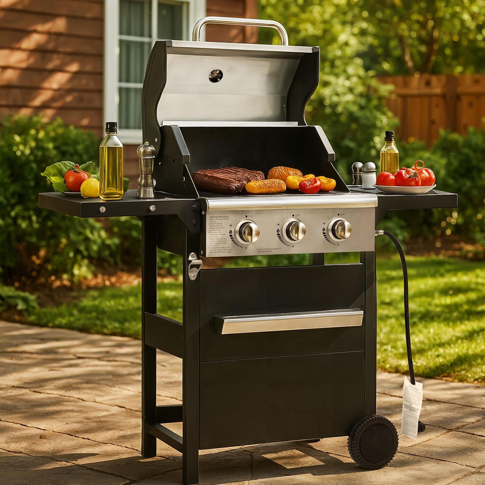 YIORTWO 3 Burner Propane Gas Grill with Cover, 27,000 BTU Outdoor BBQ with Stainless Steel Lid & Storage Cabinet, Portable for Patio & Camping