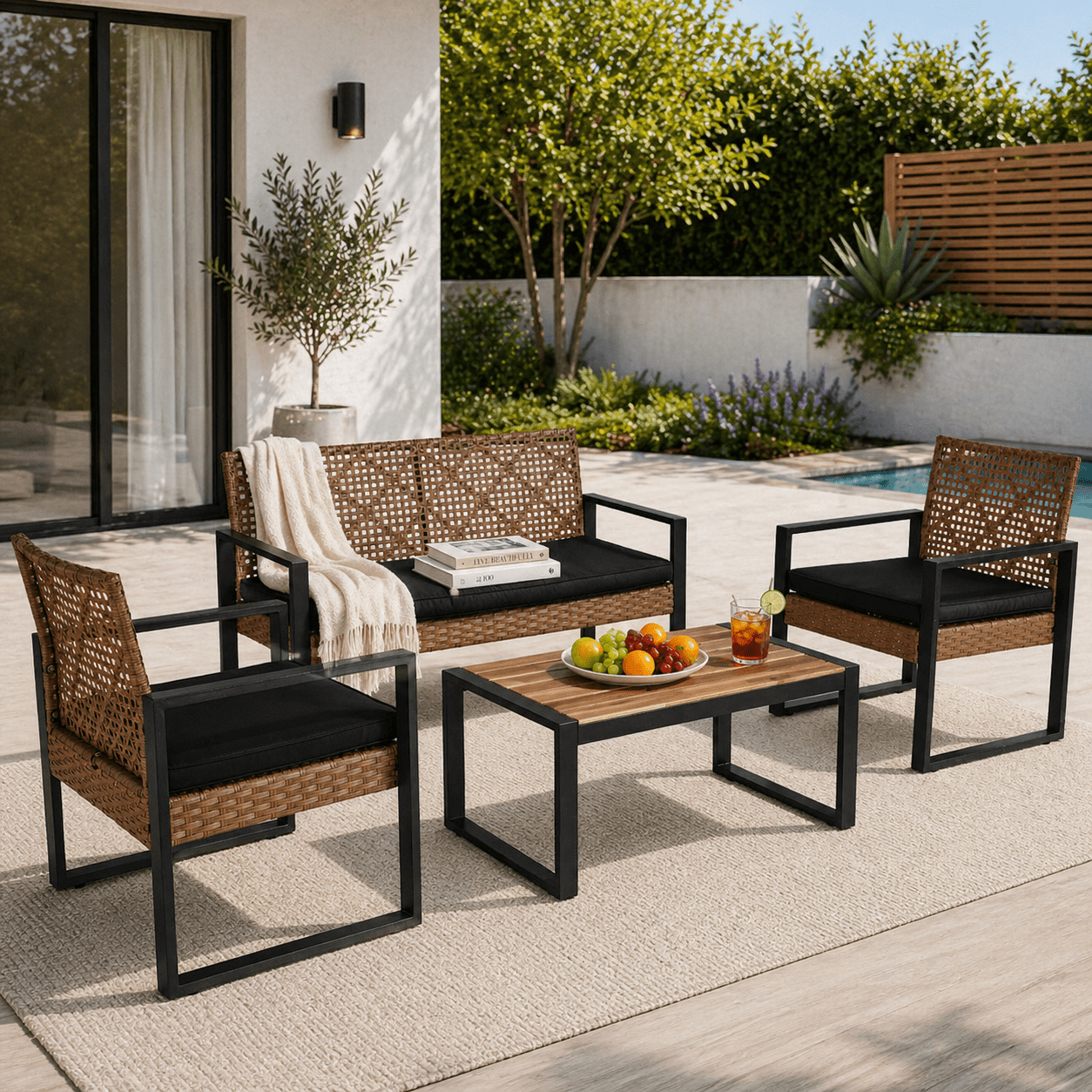 YIORTWO 4-Piece Patio Furniture Set, Outdoor Wicker Conversation Set with Acacia Wood Coffee Table and Beige Cushions, Light Brown