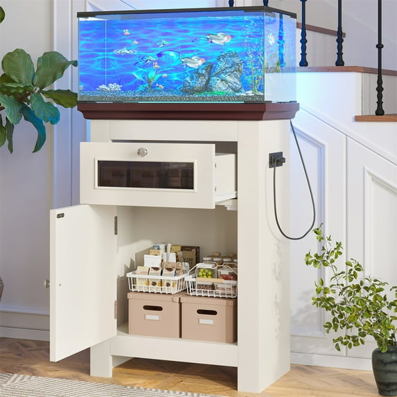 YIORTWO 10-15 Gallon Fish Tank Stand with Power Outlets & USB, Storage Cabinet & Drawer, 198LBS Capacity, Farmhouse Style for Aquariums, Beige